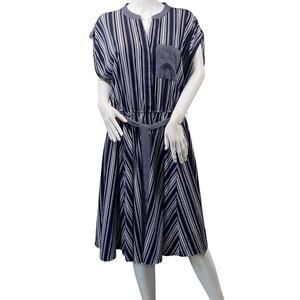 Charter Club Dress Womens Size 16W Navy Blue Roll Tab Sleeve Pockets Striped